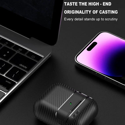 Carbon Fiber Protective Case for Everyday AirPods Carry shown near laptop and smartphone, textured carbon-fiber finish, compact 360-degree protection