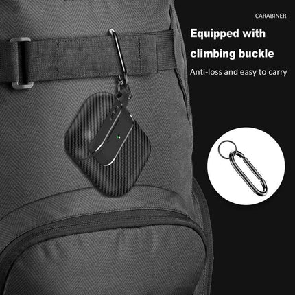 Carbon Fiber Protective Case for Everyday AirPods Carry clipped to backpack with carabiner showing 360-degree protection