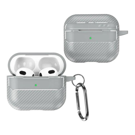 Carbon Fiber Protective Case for Everyday AirPods Carry showing silver textured case open with AirPods and keyring carabiner