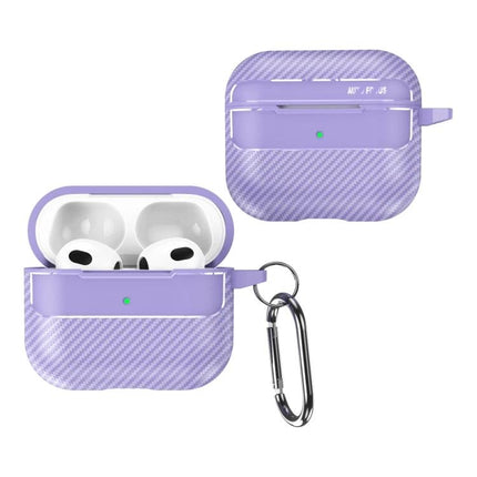 Carbon Fiber Protective Case for Everyday AirPods Carry in purple with 360° protection, textured carbon fiber finish and carabiner for on-the-go use