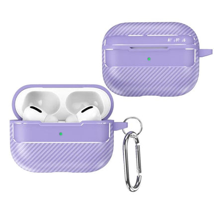 Carbon Fiber Protective Case for Everyday AirPods Carry in lavender with 360° protection, textured carbon-fiber finish and metal carabiner