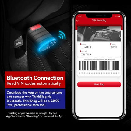 ThinkDiag OBD2 Scanner for Everyday Vehicle Diagnostics and Maintenance showing Bluetooth dongle plugged into car OBD port and VIN decoding on smartphone app