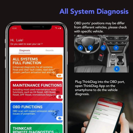 ThinkDiag OBD2 Scanner for Everyday Vehicle Diagnostics and Maintenance - smartphone app showing all systems diagnosis and OBD port locations