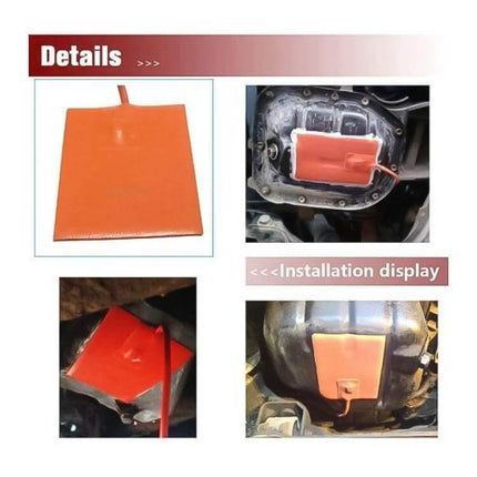 Car Engine Oil Pan Heater Pad 15 x 20cm for Cold Weather orange silicone pad installed on vehicle oil pan