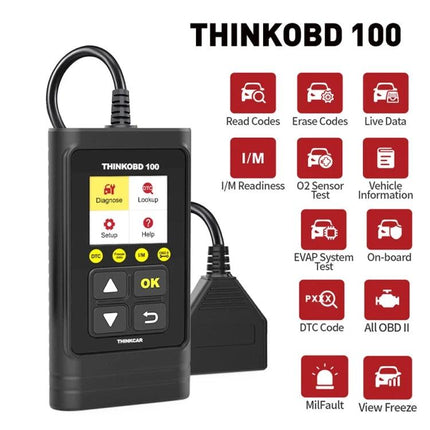 THINKCAR OBD2 Scanner Helps With Daily Vehicle Maintenance - THINKOBD100 handheld scanner showing read/erase codes, live data, I/M readiness and DTC functions