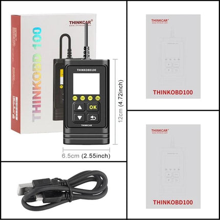 THINKCAR OBD2 Scanner Helps With Daily Vehicle Maintenance - handheld THINKOBD100 device with cable and packaging, front display and dimensions