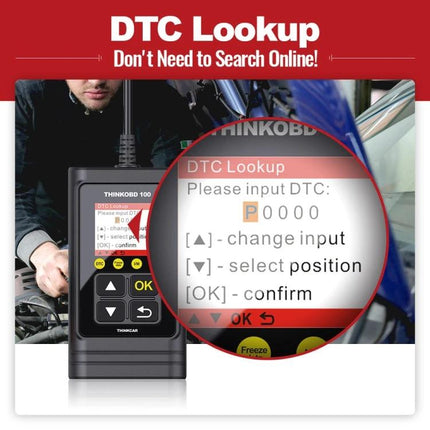 THINKCAR OBD2 Scanner Helps With Daily Vehicle Maintenance - handheld OBD2 DTC lookup device showing code input screen and buttons