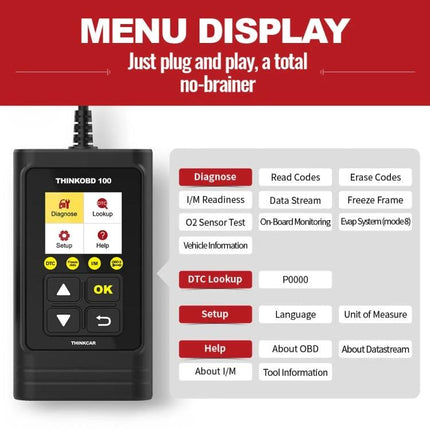 THINKCAR OBD2 Scanner Helps With Daily Vehicle Maintenance - handheld THINKOBD100 menu display showing diagnose, read codes, DTC lookup