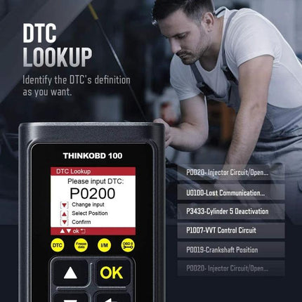 THINKCAR OBD2 Scanner Helps With Daily Vehicle Maintenance - mechanic using THINKOBD100 to lookup DTC P0200 fault code and inspect vehicle sensors