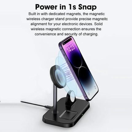 WA22 Magnetic Charger Stand for Daily Device Organization showcasing phone, smartwatch and earbuds charging on a compact magnetic three-in-one dock