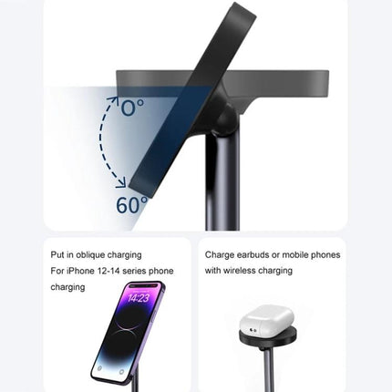 WA22 Magnetic Charger Stand for Daily Device Organization showing adjustable 0–60° phone angle and spots for phone and earbuds charging