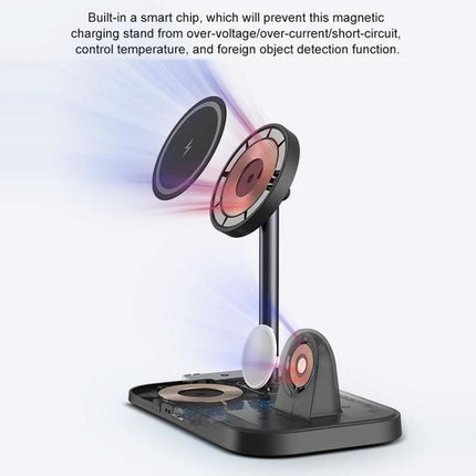 WA22 Magnetic Charger Stand for Daily Device Organization showing exploded view of magnetic charging coils and smart chip for phone, watch, and earbuds