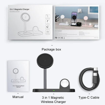 WA22 Magnetic Charger Stand for Daily Device Organization - 3-in-1 magnetic wireless charger on desk charging phone, watch, earbuds