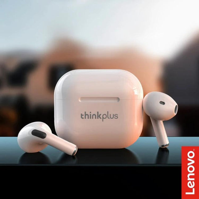 Lenovo Wireless Earbuds With Noise Reduction For Commuting white thinkplus earbuds and charging case on reflective surface