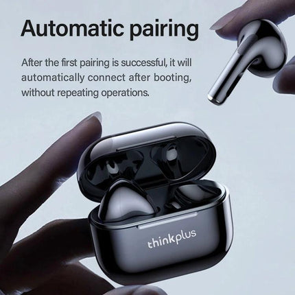 Lenovo Wireless Earbuds With Noise Reduction For Commuting showing automatic pairing black thinkplus case and earbuds