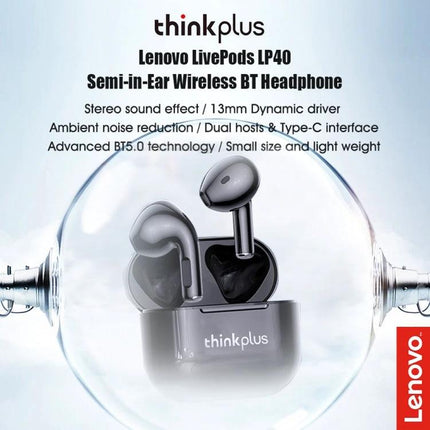 Lenovo Wireless Earbuds With Noise Reduction For Commuting compact LP40 TWS with 13mm drivers and Bluetooth 5.1 for clear calls