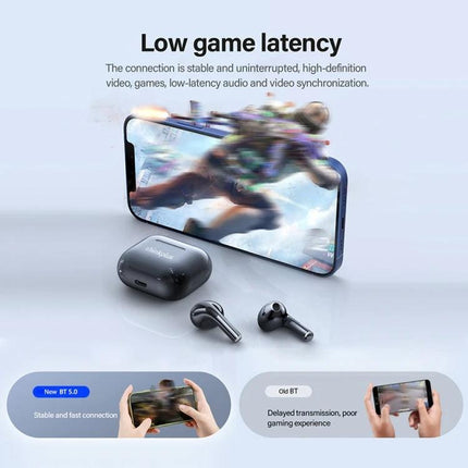 Lenovo Wireless Earbuds With Noise Reduction For Commuting shown with charging case and low-latency gaming on smartphone