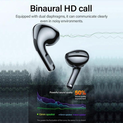 Lenovo Wireless Earbuds With Noise Reduction For Commuting sleek black TWS earbuds showing binaural HD call and 13mm drivers