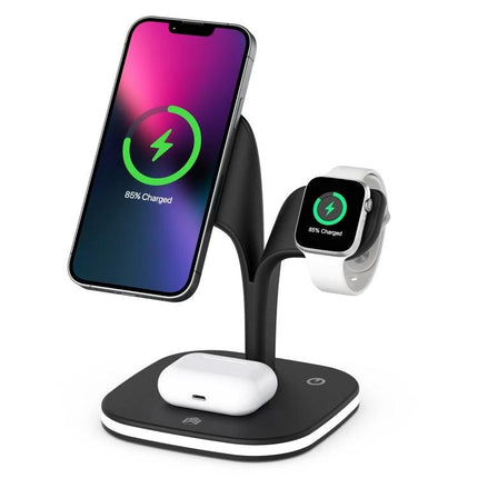 Keep devices charged at home with this versatile stand charger showing phone, earbuds, and smartwatch charging