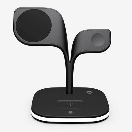 Keep devices charged at home with this versatile stand charger — black 3-in-1 wireless stand for phone, earbuds, and smartwatch