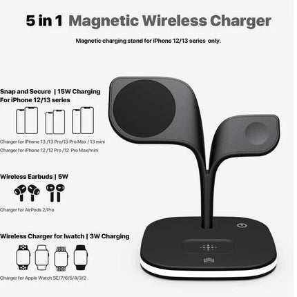 Keep devices charged at home with this versatile stand charger – 5-in-1 black magnetic wireless charging stand for phone, earbuds, and smartwatch