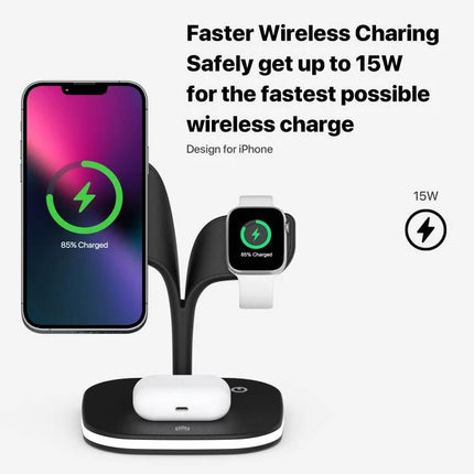 Keep devices charged at home with this versatile stand charger showing smartphone, smartwatch, and earbuds charging