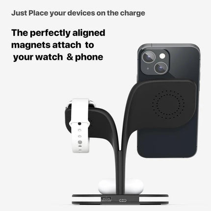Keep devices charged at home with this versatile stand charger shown charging a smartphone, smartwatch and earbuds on a black wireless charging stand