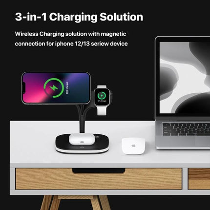 Keep devices charged at home with this versatile stand charger on a nightstand charging phone, earbuds, and smartwatch