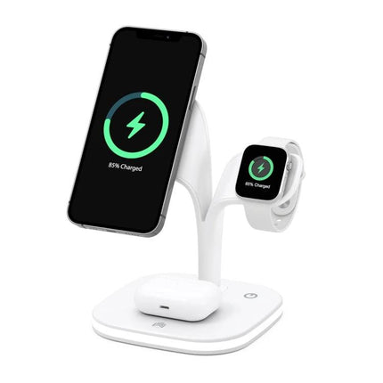 Keep devices charged at home with this versatile stand charger showing phone, earbuds, and smartwatch charging on a white three‑in‑one wireless stand