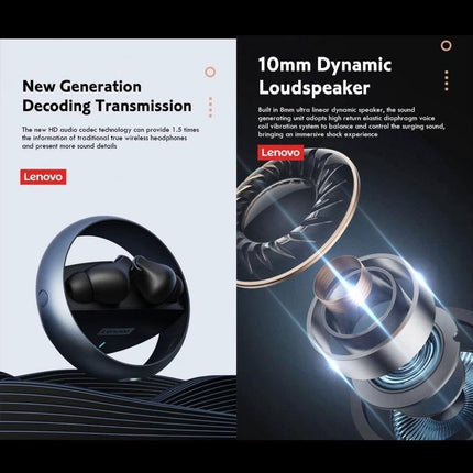 Lenovo Wireless Bluetooth Earbuds With Compact Charging Case For Daily Use showing earbuds, compact charging case and 10mm dynamic speaker