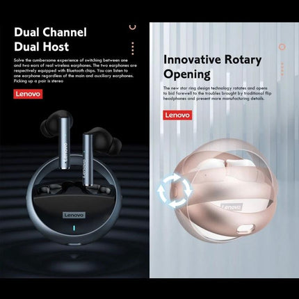 Lenovo Wireless Bluetooth Earbuds With Compact Charging Case For Daily Use showing earbuds in round case and rotary opening