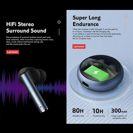Lenovo Wireless Bluetooth Earbuds With Compact Charging Case For Daily Use showing earbuds case battery life features