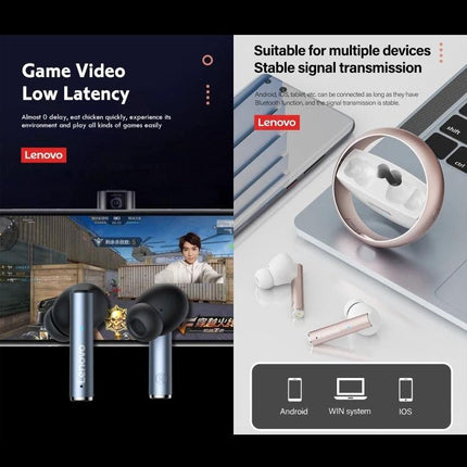 Lenovo Wireless Bluetooth Earbuds With Compact Charging Case For Daily Use showing earbuds, case and laptop compatibility