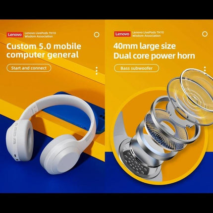 Lenovo Foldable On Ear Bluetooth Headphones For Commuting white foldable on-ear Bluetooth headphones with bass driver