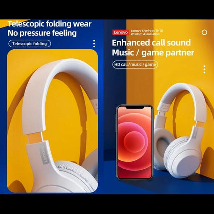 Lenovo Foldable On Ear Bluetooth Headphones For Commuting white foldable on-ear headset with phone showing low-latency audio