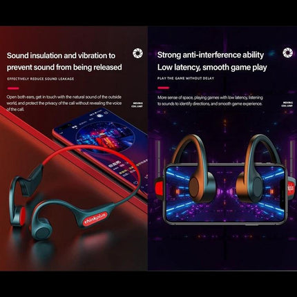 Bone Conduction Open Ear Wireless Earphones For Running And Commuting showing sleek red headset over phone highlighting open-ear vibration tech