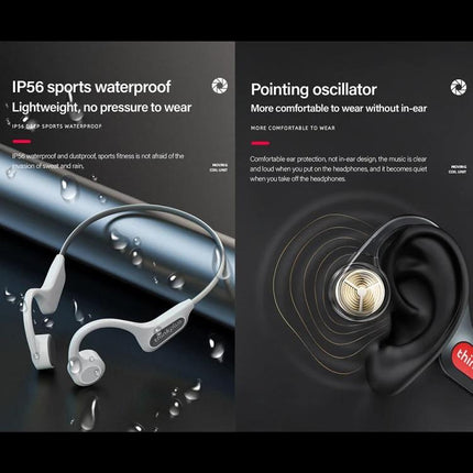 Bone Conduction Open Ear Wireless Earphones For Running And Commuting showing IP56 waterproof design and pointing oscillator demo