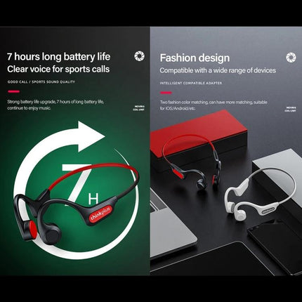 Bone Conduction Open Ear Wireless Earphones For Running And Commuting showcasing red and white models with 7h battery and fashion design