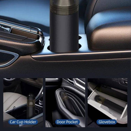 Cordless Handheld Car Vacuum Cleaner Compact For Quick Cleanups shown in car cup holder, door pocket, and glovebox for quick interior cleanups