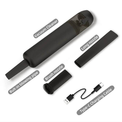 Cordless Handheld Car Vacuum Cleaner Compact For Quick Cleanups - compact black cordless vacuum with long nozzle, brush nozzle, blowing pipe and Type-C cable
