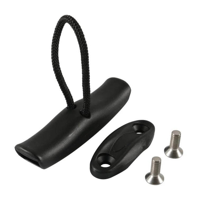 Durable Kayak Carry T-Handle with Cord and Pad Eyes - black T-handle, pad eye and stainless screws for kayak transport