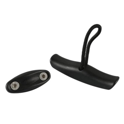 Durable Kayak Carry T-Handle with Cord and Pad Eyes shown black T-handle with cord and matching pad eyes for kayak lifting