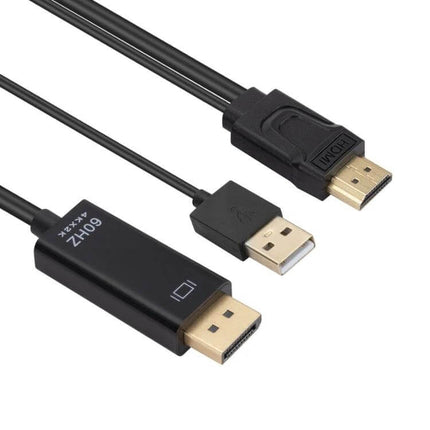 HDMI to DisplayPort Adapter Cable with Power Supply, 1.8 Meters black cable showing HDMI, USB power and DisplayPort connectors