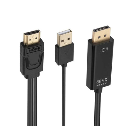 HDMI to DisplayPort Adapter Cable with Power Supply, 1.8 Meters - black cable with HDMI, USB power and DisplayPort connectors