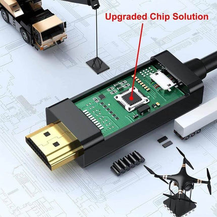 HDMI to DisplayPort Adapter Cable with Power Supply, 1.8 Meters showing internal upgraded chip and gold HDMI connector on circuit board