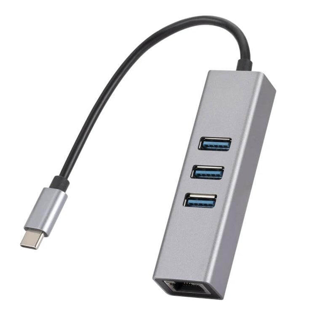 Alt Tag: USB-C Hub Adapter for Ethernet and USB Connectivity – silver hub with three USB ports and RJ45 ethernet port