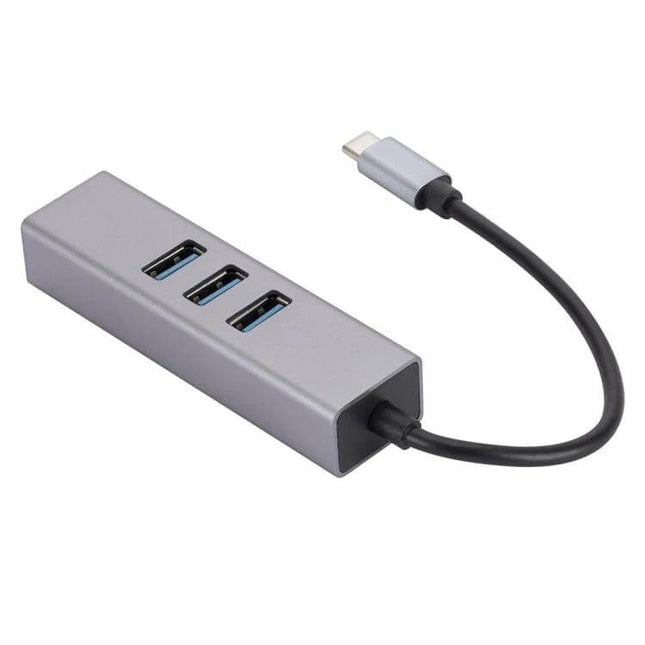 USB-C Hub Adapter for Ethernet and USB Connectivity - compact aluminum hub with three USB ports and USB-C cable