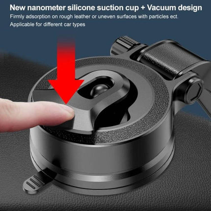 IMAK Dashboard Magnetic Car Holder For Hands Free Phone showing vacuum silicone suction cup attaching to leather dashboard with finger pressing release
