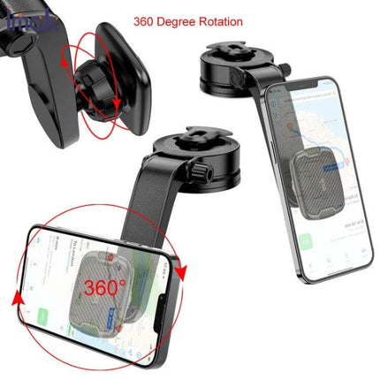 IMAK Dashboard Magnetic Car Holder For Hands Free Phone showing magnetic mount with 360-degree rotation and suction cup attachment