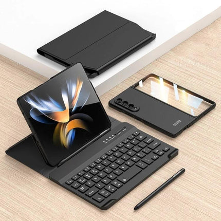 Magnetic Folding Bluetooth Keyboard Case for Samsung Galaxy Z Fold 4 shown open with keyboard, folio cover, and stylus in black